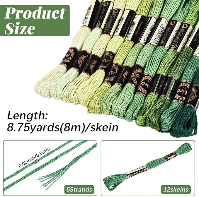 12 Skeins 105 Yards 6 Ply Green Cross Stitch Floss Embroidery Thread Friendship Bracelet String Variegated Gradient Bulk Polyester Yarn Set for Crochet Knitting Sewing Weaving DIY Crafts