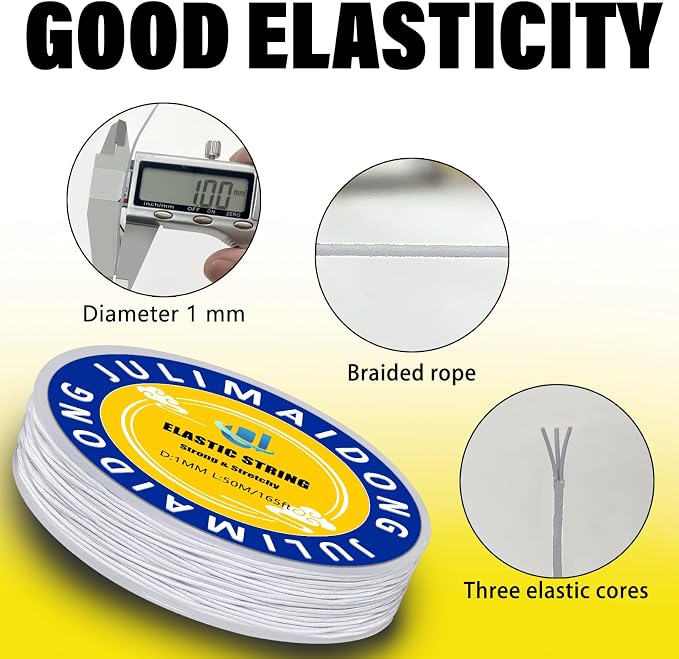 1.0mm Elastic Bracelet String Cord, Crystal Stretch Bead Cord for Bracelets Jewelry Making, Clear Stretchy Elastic String for Beading, Transparent Thread (1.0MM(White)/165ft)