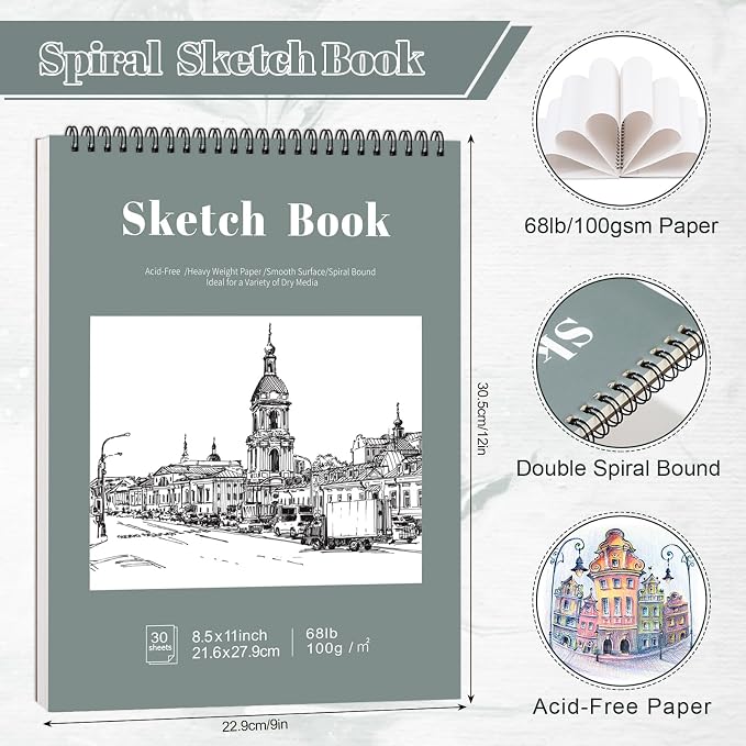 4 Pack Sketch Books 8.5 × 11 in, Top Spiral, 100gsm, Light Cyan | Acid-Free Paper, 30 Sheets Each, Hardcover with Rigid Back, Lay-Flat Top Spiral, for Sketching & Dry Media