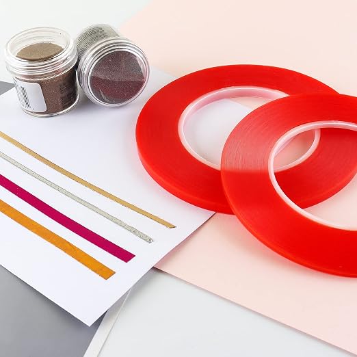 BAOFALI 4Pcs Double Sided Red Line Tape；2 Size Heat Resistant Super Sticky AdhesivesPerfect for Adhering Ribbon, Glitter, or Microbeads, Foiling, Making Boxes and Envelopes, DIY Scrapbooking