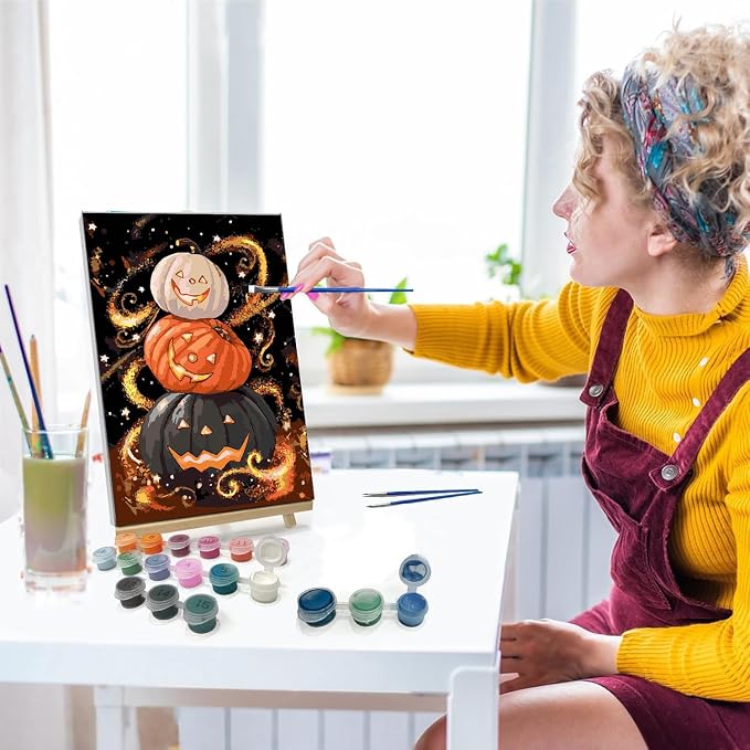 NEGEKFKX Halloween Pumpkin Paint by Numbers Kit for Adults Beginner with Frame,Horror Easy Adult Paint by Number Kits on Canvas DIY Painting for Beginners Art by Numbers for Home Wall Decor 12x8 Inch