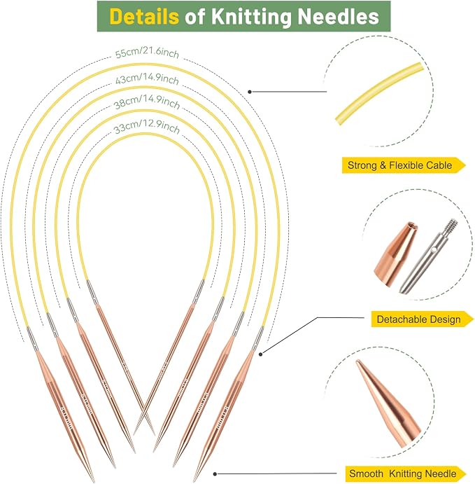 Aeelike 13 Pairs Interchangeable Knitting Circular Needles 3-10.0mm, Green | Aluminum Interchangeable Knitting Needles with 4 Cables, Smooth Complete Needles Set for Socks Blankets Sweaters, Ideal Gift