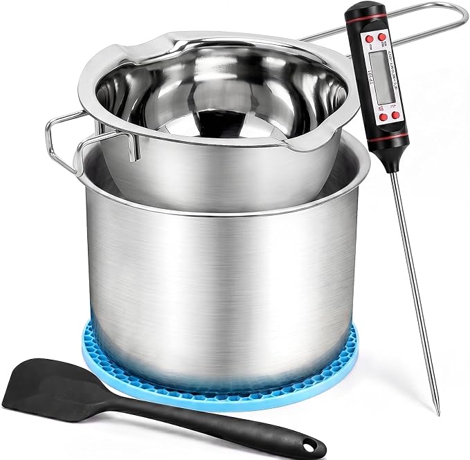 Double Boiler Pot for Melting Wax, Stainless Steel Candle Making Kit with Silicone Spatula, Thermometer & heat-resistant mat for Soap Chocolate DIY Crafts(1400ml+600ml)