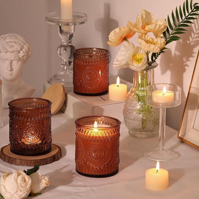 DARJEN 10 Pcs 8oz Glass Candle Jars with Lids, Candle Tins-Amber | Premium Thick Glass, Secure Wooden Lids- Candle Jars for DIY Candle Making, Stunning Sunflower Design