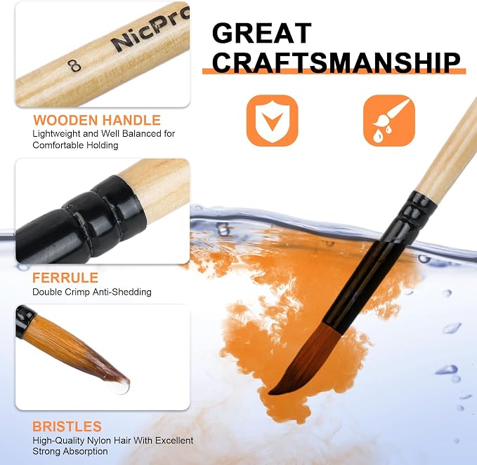 Nicpro 36pcs Paint Brush Set for Acrylic Painting,Oil, Watercolor (Wood) | Professional Paintbrushes for Acrylic Oil Gouache,Includes Palette Knife and Cloth Roll, Art Supplies for Artists & Beginners