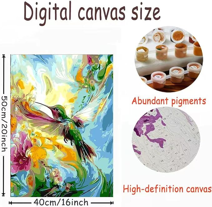 OJTOYART Hummingbird Paint by Numbers Kit for Adults,Paint Canvas 16x20In | Color by Numbers for Adults,Acrylic Watercolor Oil Colorful Home Decor