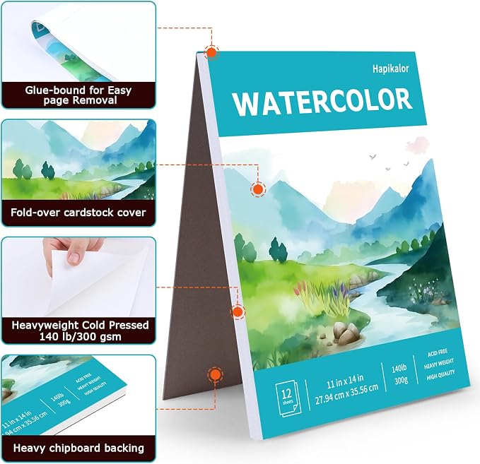Hapikalor Watercolor Paper, 11"x14" Water Color Paper, 140lb/300gsm Teal | Artist Painting Drawing Paper Book, Art Supplies for Adults Kids, Watercolors, Watercolor Paint Set, Sketchbook, Journal