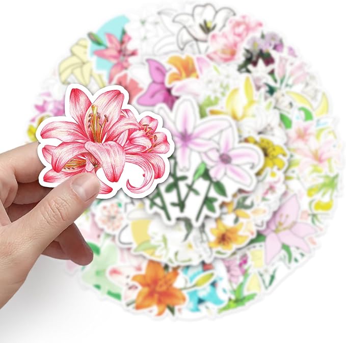 Lily Flower Stickers Pack 50 PCS, Botanical Aesthetic Vinyl Waterproof Die-Cut Floral Sticker for Water Bottle Laptop Cars Guitar Skateboard Bumper Vintage Waterproof for Teens Adults (Colourful-F12)
