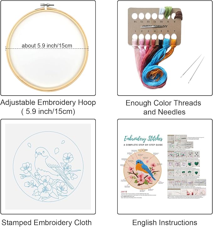 Louise Maelys Blue Bird Embroidery Kit for Beginners, DIY Floral Kit | Needlepoint Kit with Hoop, Printed Fabric, Threads, Needles and Instructions. Perfect for DIY Cross Stitch Kits craft at home