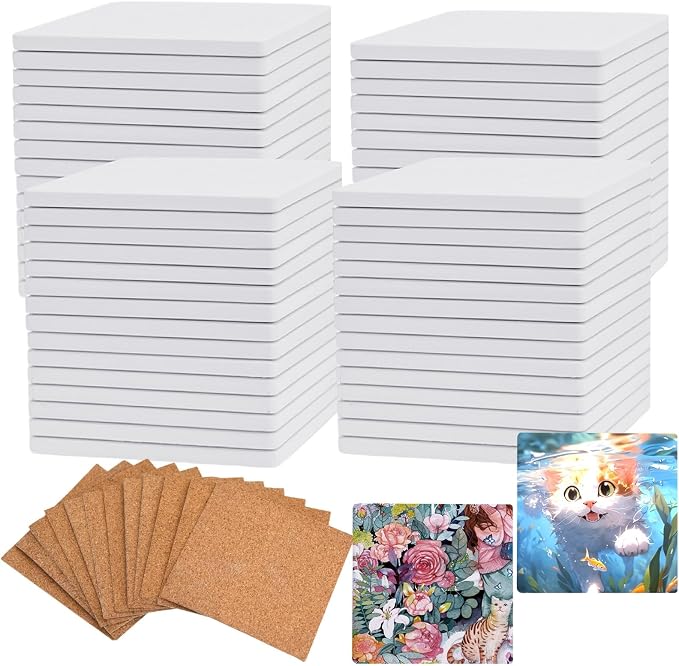 60 Pcs Ceramic Tiles for Crafts White Ceramic Coasters for Crafts Blank Unglazed Ceramic Tiles 4x4 for Painting, Alcohol Ink, Acrylic Pouring, DIY Coaster, Cork Backing Pads Included