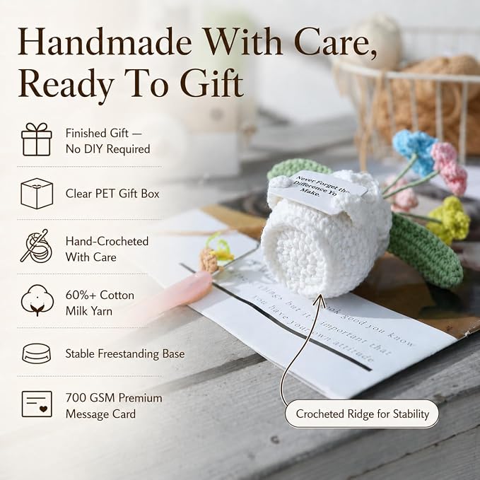 Forget-Me-Not Crochet Flower Potted Plant Gift | Difference You Make Gift, PET Display Box, Teacher Appreciation, Coworker, Employee, Thank You Gift, Handmade Desk Decor