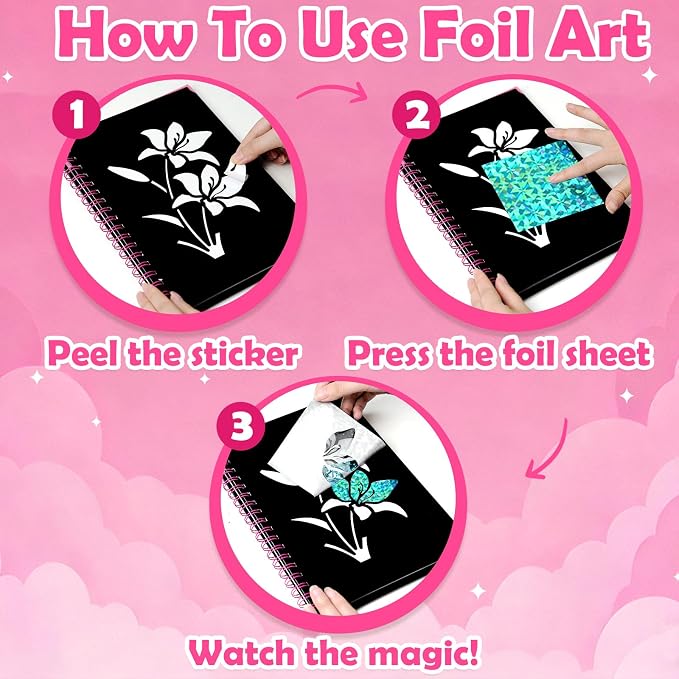 FUNNYB&G Foil Art Craft Kit for Kids, Sparkly Birthday Gift Toy for Girls | No Mess, Kids Ages 4-10 Create Sparkling Artwork, A Creative Gift for Birthdays, Holidays, Travel Activities,Screen-Free Fun