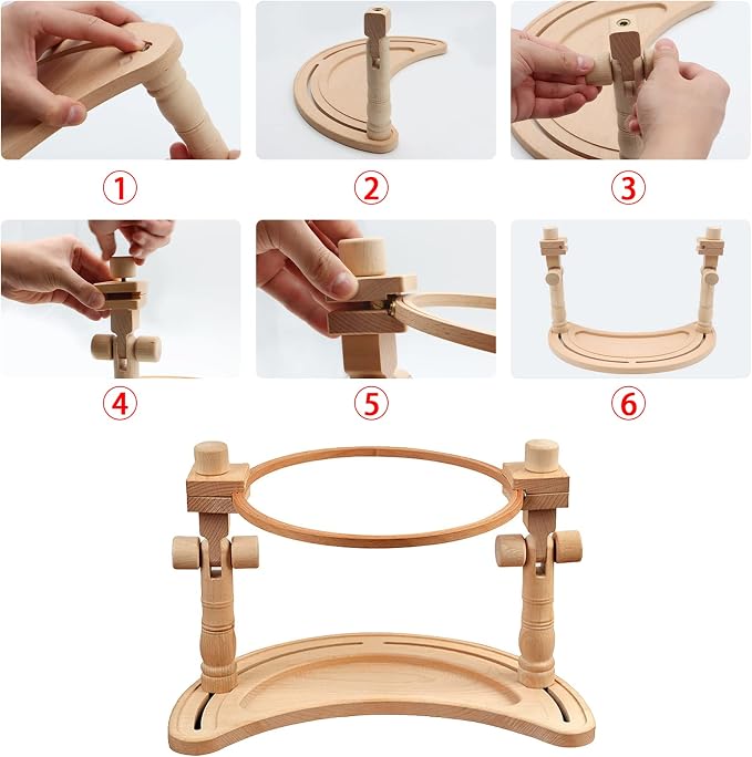 ZOCONE Multifunctional Beech Wood Embroidery Hoop Stand with 2 Pcs 6'' 8'' Embroidery Hoops, Adjustable Rotated Embroidery Stand Cross Stitch Stand, Embroidery Hoop Holder for Embroidery Project (D)