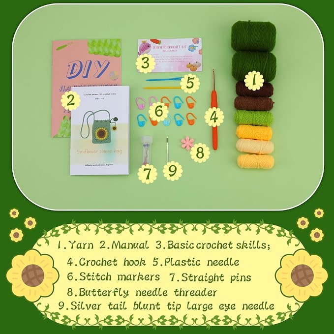Fedmut Crochet Kit for Beginners Adult, Includes Deep Green Yarn, Hooks, Stitch Markers, Video Tutorials, Ideal for All Ages & Gifts