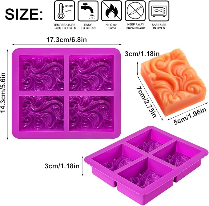 Palksky 2 Pack 4-Cavity Ocean Wave Soap Mold/Silicone Sea Wave Cake Pan for Jelly Pudding Mousse Mould/DIY Handmade Nautical Cloud Swirls Pattern Soap Mold for Goat Milk Soap (3.5 Oz Cavities)