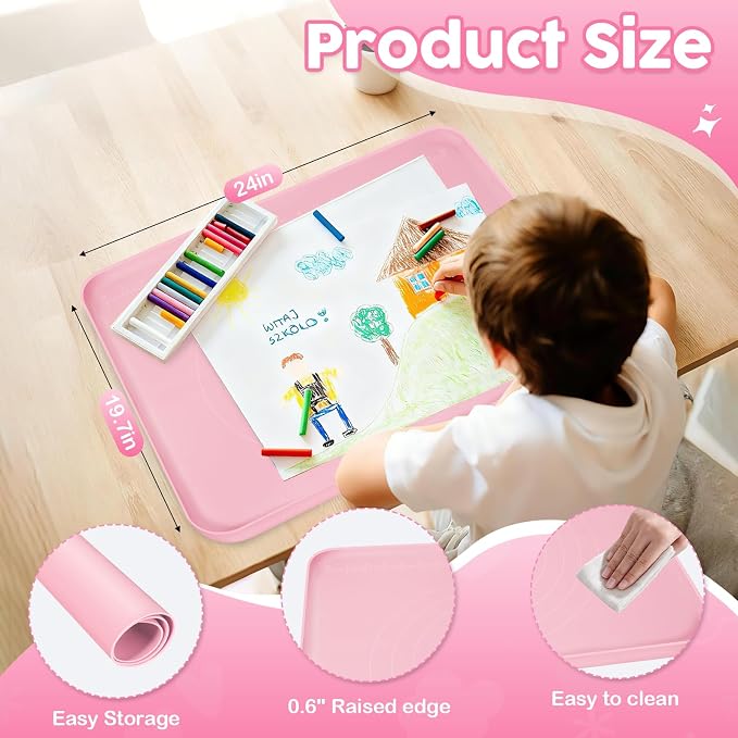 Large Silicone Mat for Crafts, 24"X19.7" Art Mat with Raised Edges for Clay, Resin, Slime, Jewelry-Making Table Protection Heat-Resistant Paint Mats, pink