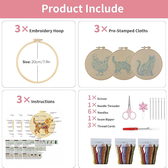 3 Packs Embroidery Kit for Adults, Embroidery for Beginners (Animal)