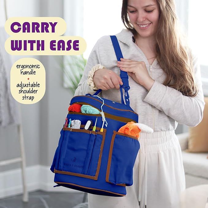 Hearth & Harbor Crochet Bag Organizer – Durable Knitting Bag, Yarn Organizer for Accessories and Supplies, Canvas Yarn Holder, Crochet Carrying Case with Accessories Pouch, Storage Organizer – Blue