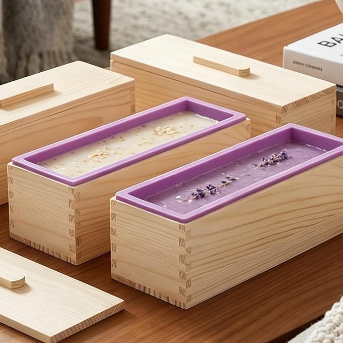 4PCS 42oz Silicone Soap Kit, Purple Rectangular Silicone Loaf Soap Making with 4 Wooden Boxes and 4 Lids, DIY Supplies for Soap Making