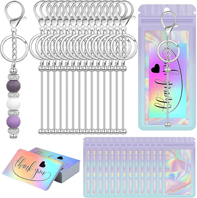 42/84/126 Pcs Beadable Keychain Bars Bulk Blank DIY Beaded Keychain Making Supplies with Bag Thank You Card