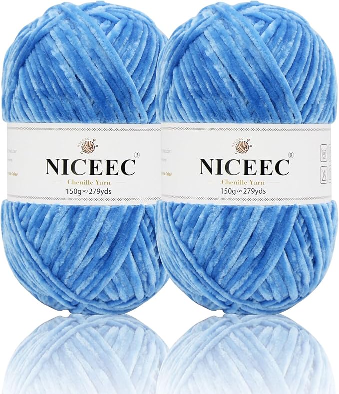 NICEEC 2 Skeins Soft Chenille Yarn 2 x255m (2X 279yds, 3X 150g)_Blue