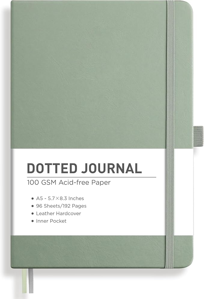RETTACY Dotted Journal Notebook, 192 Pages, A5 Medium Size (5.7'' x 8.3'') | Leather Hardcover, 100 GSM Thick Paper, for Journaling, Planning, Tracking (Sage Green)