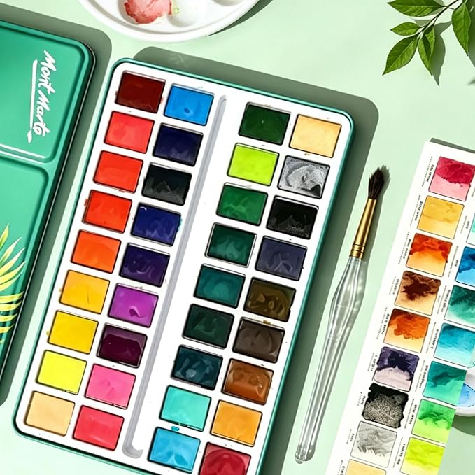 Mont Marte Watercolor Set Full Pan Signature in Tin, Vibrant 36 Colors, Multi-Color with Translucent Finish, Portable Watercolor Set