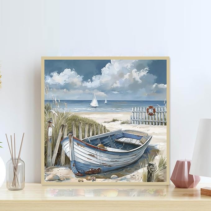 Accompany Wind Beach Scenery Diamond Art Kits for Adults, 5D Boat Diamond Painting Kits for Beginners,DIY Round Full Drill Diamonds Gem Art Crafts for Home Wall Decor Gifts 14x14 Inch