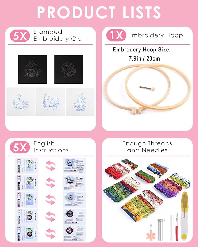 Embroidery Kit for Adult, 5 Sets Mushroom Embroidery Kit for Beginners | Include Embroidery Cloth Hoops Threads for Craft Lover Hand Stitch with Embroidery Skill Techniques