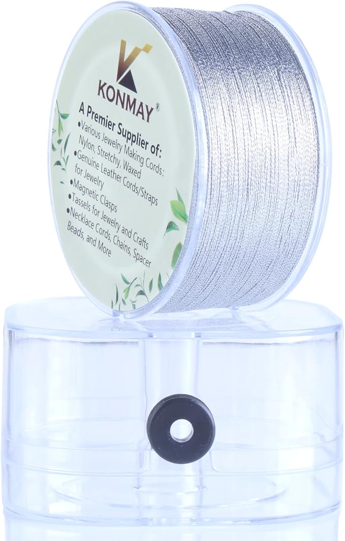 KONMAY 0.5mm Tinsel Embroidery Thread with Case, 163 Yards Metallic Silver Twine String for Jewelry Making, Embroidery, Crafting, Decoration, Gift Wrapping, and Christmas Ornaments