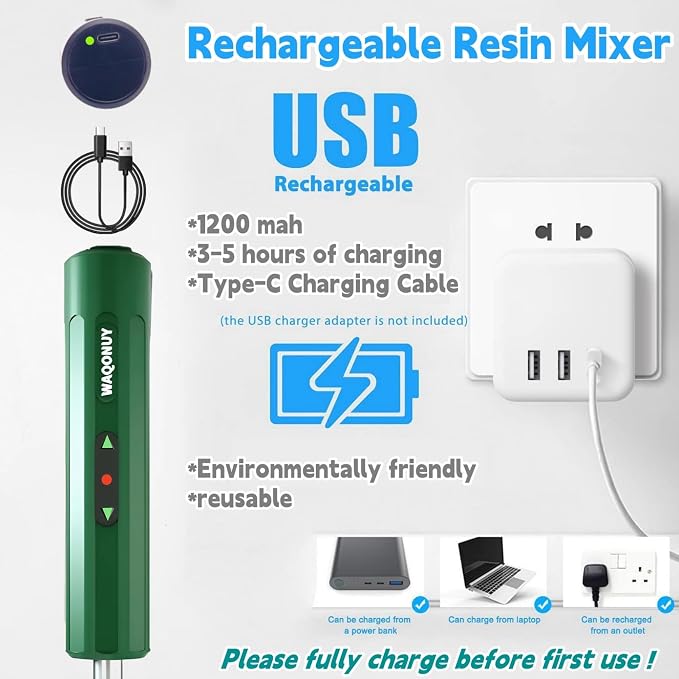 Rechargeable Epoxy Resin Mixer,USB Handheld Electric Resin Mixer for Mixing Epoxy Without Bubbles, Resin Stirrer for Tumblers Epoxy, Resin Molds, Glazes and Paint (Dark Green)