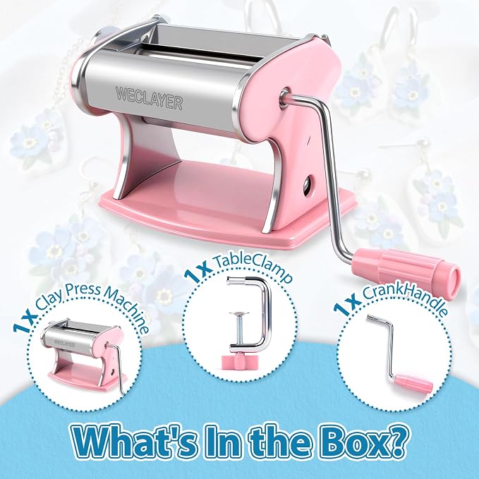 Polymer Clay Press Machine,Clay Roller Machine,Includes Clamp and Hand Crank,Stainless Steel Polymer Clay Tools for Clay Earring Making,7 Thickness Clay Pasta Machine-Pink