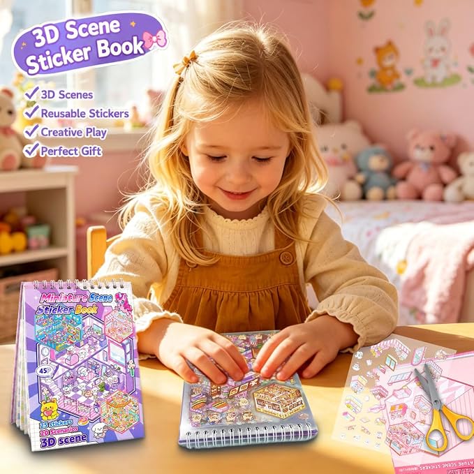 20 Sets 3D Sticker Scenes for Adults Fun Mini Cute Kawaii Stickers Therapy 3D Scenes 3D House Stickers Set Relief Stress Pass The Time