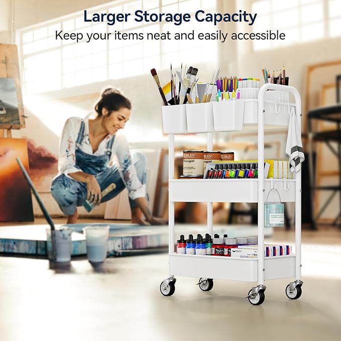 YASONIC 3 Tier Rolling Cart, Heavy Duty Metal Utility Cart with Wheel White