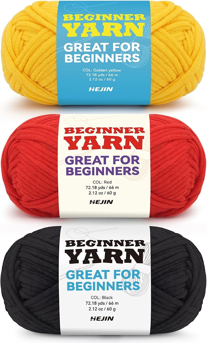 3x60g Yellow+Red+Black Yarn for Crocheting and Knitting;3x66m (72yds) Cotton Yarn for Beginners with Easy-to-See Stitches;Worsted-Weight Medium #4;Cotton-Nylon Blend Yarn for Beginners Crochet Kit