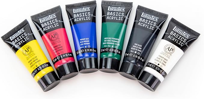 Liquitex BASICS Acrylic Paint Set, 6 x 22ml (0.74-oz) Tubes, Primary | Medium Viscosity, Satin Finish, Lightfast, Fine Art Pigments, Range of Opacities, Easy Blending