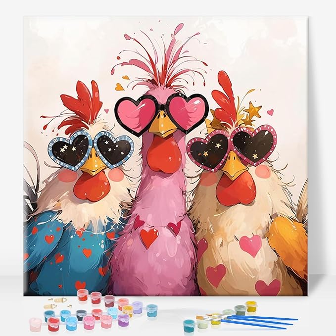 GEEHEIY Framed Paint by Numbers Kit for Adults, Funny Chicken, 10 x 10 Inch | DIY Adult Paint by Number Kit for Beginners, Farmhouse Wall Decor, Stress Relief Craft Gift, Creative Hobby
