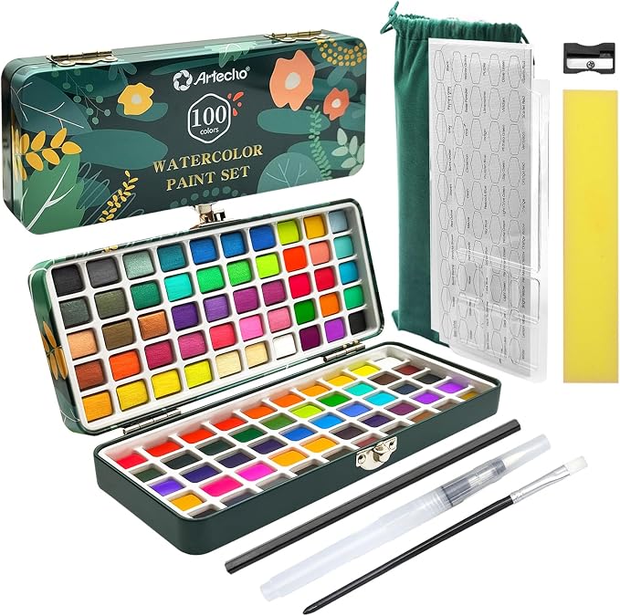 Artecho 100 Colors Watercolor Paint Set with Metallics, Portable Tin Case | 51 Classic, 35 Metallic, 4 Fluorescent & 10 Macaron/Candy Colors; Watercolor Paper and Brushes for On-the-Go Painting