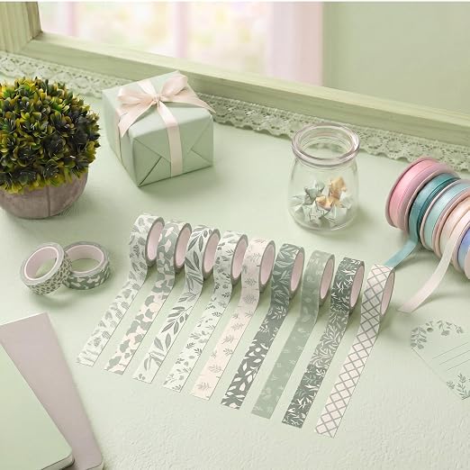 Gueevin 24 Rolls Floral Washi Tapes Set Scrapbook Supplies, Greenery | 15 mm Watercolor Flower Washi Tapes, Back to School DIY Craft Arts, Junk Journaling Planner Gift Wrapping Supplies