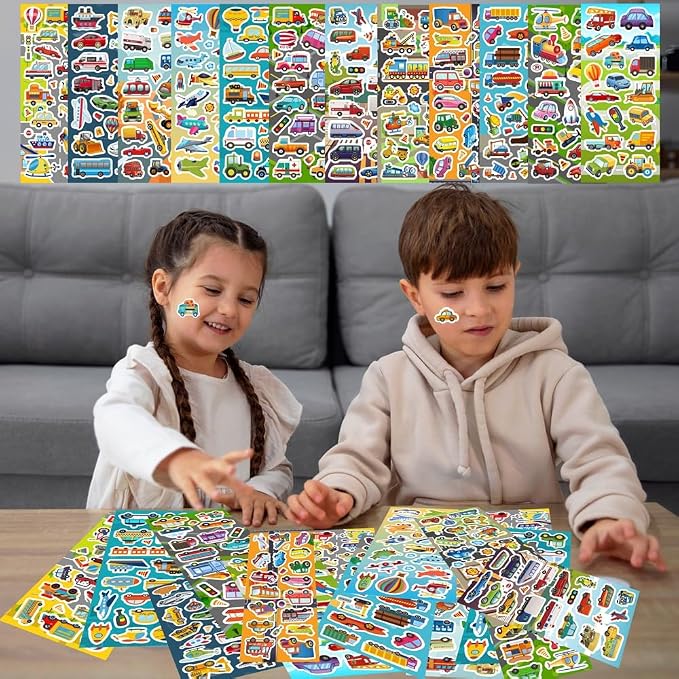 36 Sheets Cars and Trucks Stickers for Kids, 700+ Cute Vehicle Stickers | Transportation Stickers Party Favors Pack Including Cars, Construction,Fire Trucks,Buses,Airplane,Rocket and More!