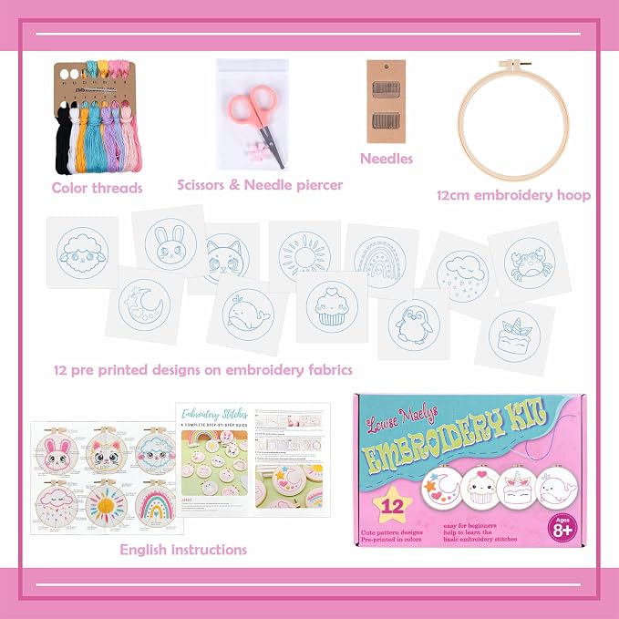 Louise Maelys Embroidery Kit for Beginners, 12 Packs Pre-Printed DIY Sewing Craft Kit,Kids Girls Cross Stitch Kit with Hoop, Threads, Needles and Scissors, Cute Animal & Cartoon Patterns, Ages 8+