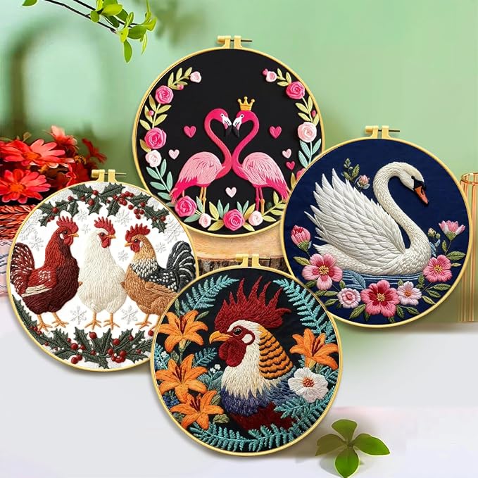 Zhenqing 4-Piece Bird Embroidery Kit for Beginners, Flamingo Swan Chicken Rooster Needlework Set with Pre-Printed Cotton Fabric, Hoop, Threads & Tools, Bird Lover Wall Decor (C0180)