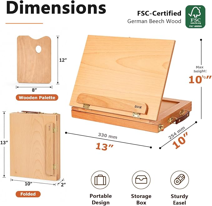 DJAR Tabletop Sketchbox Art Easel with Storage & Palette, Solid Beechwood | Hold Canvas up to 11" x 14", Compact Adjustable & Portable Stand for Painting, Sketching, Drawing and Art Supplies Storage