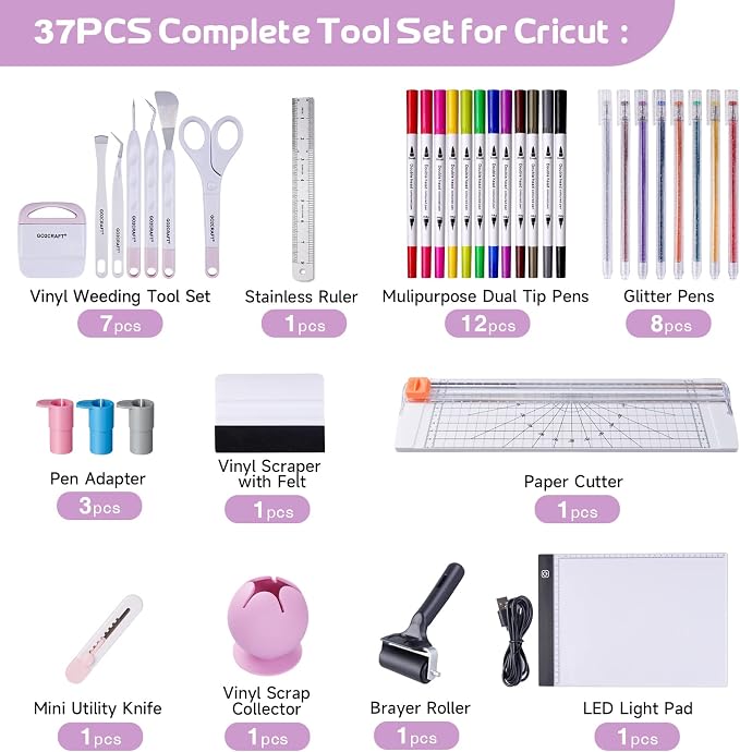 GO2CRAFT 37Pcs Essential Tool Set, for Vinyl Crafting, Starter Kit | Ultimate Tool with 7Pcs Weeding Tools, LED Light Pad, 12'' Paper Cutter, Vinyl Scrap Collector, Crafting Starter Kit
