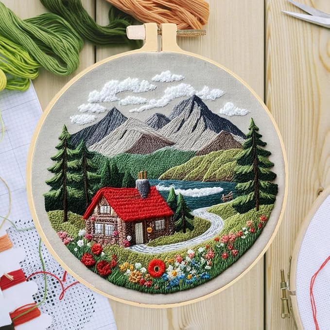 Huacan 1pc House Embroidery Kits for Beginners Mountains River Landscape Small Cross Stitch Kits Ideal for Crafting Art & Gifts