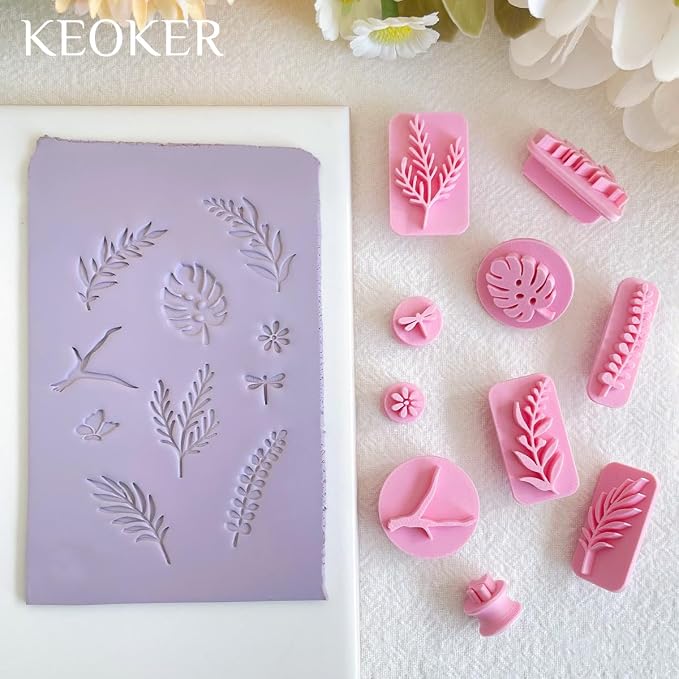 KEOKER Plant Clay Stamps - 10 Shapes for Polymer Clay Jewelry Making, Work with Clay Cutter, Spring Cutter Stamps