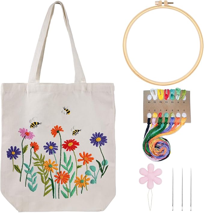 Louise Maelys Bee and Flowers Embroidery Kit for Beginners Canvas Tote Bag