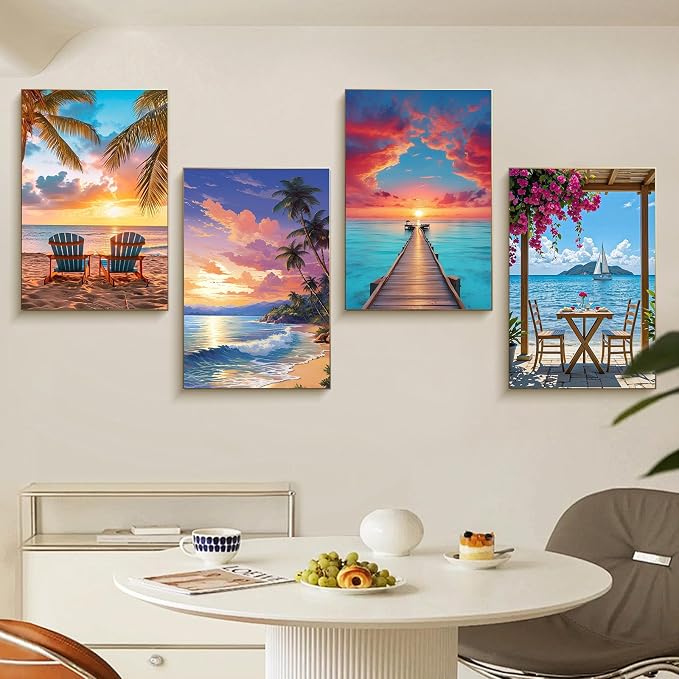 4 Pack Framed Paint by Numbers Kit for Adults Beach with Wooden Easel | With Frame Canvas 8x12 IN, For Adults Beginner, DIY Acrylic Painting Landscape, Stress Relief Craft Kit, Home Wall Decor Gift