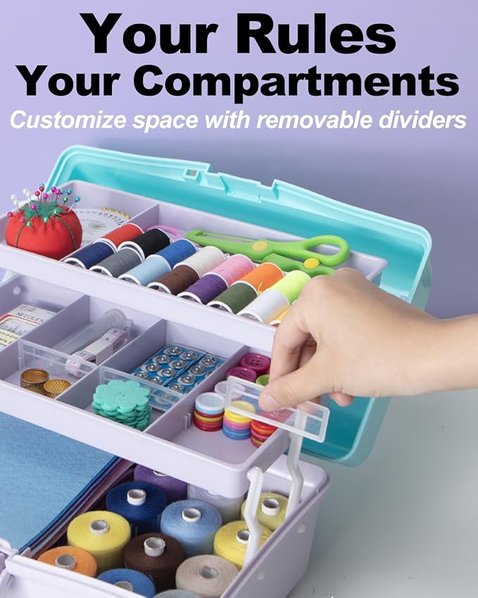 TERGOO 12in 3-Layer Plastic Craft Organizers and Storage, Portable Folding Tackle Box with Handle & Adjustable Dividers, Multipurpose Case for Sewing, Art Supplies, Medicine, Tools (Purple Blue)