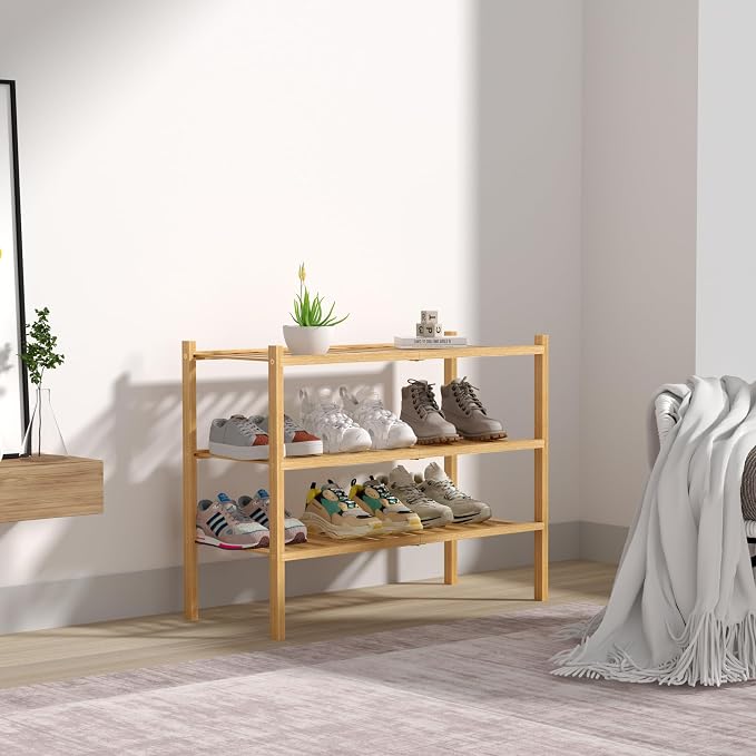 ROMGUAR CRAFT 3 Tier Bamboo Shoe Rack for Closet Free Standing Wood Shoe Shelf Storage Organizer for Entryway Small Space Stackable 27"x11"x20" (Natural) (Pack of 2)